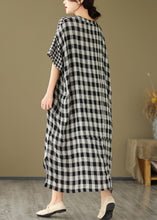 Load image into Gallery viewer, Simple V Neck Plaid Patchwork Side Open Linen Maxi Dress Short Sleeve