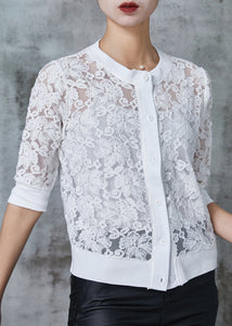 Simple White Hollow Out Lace Shirt Summer