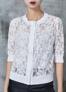 Simple White Hollow Out Lace Shirt Summer