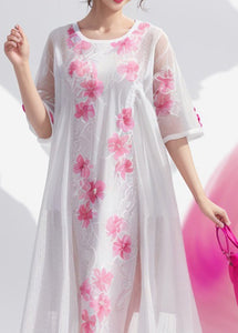 Simple White O Neck Print Plus Size Silk Dress Summer