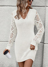 Load image into Gallery viewer, Simple White Patchwork Hollow Out Cotton Knit Mid Dresses Fall