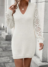 Load image into Gallery viewer, Simple White Patchwork Hollow Out Cotton Knit Mid Dresses Fall