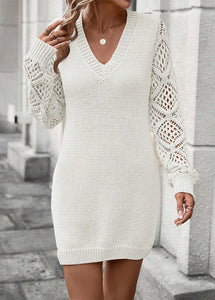 Simple White Patchwork Hollow Out Cotton Knit Mid Dresses Fall