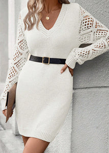 Simple White Patchwork Hollow Out Cotton Knit Mid Dresses Fall