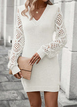 Load image into Gallery viewer, Simple White Patchwork Hollow Out Cotton Knit Mid Dresses Fall