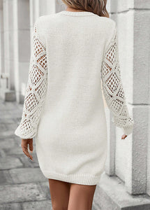 Simple White Patchwork Hollow Out Cotton Knit Mid Dresses Fall