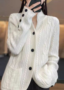 Simple White Stand Collar Button Cozy Knit Coat Fall