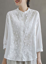 Load image into Gallery viewer, Simple White Stand Collar Embroidered Patchwork Cotton Blouses Long Sleeve