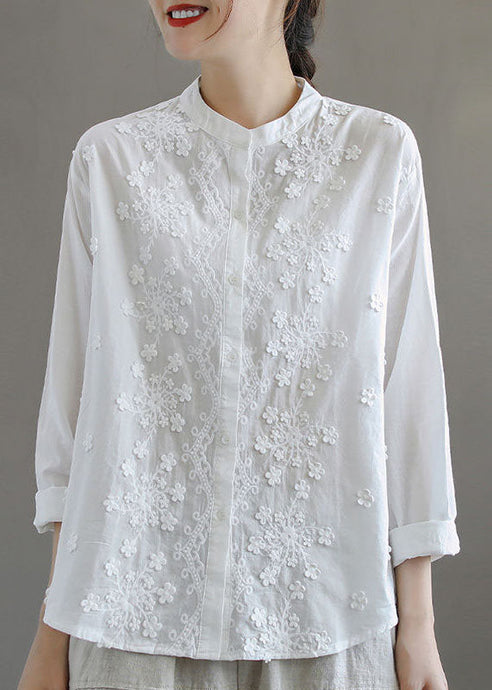 Simple White Stand Collar Embroidered Patchwork Cotton Blouses Long Sleeve