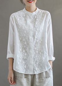 Simple White Stand Collar Embroidered Patchwork Cotton Blouses Long Sleeve