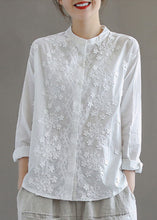 Load image into Gallery viewer, Simple White Stand Collar Embroidered Patchwork Cotton Blouses Long Sleeve