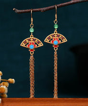 Load image into Gallery viewer, Skinny Gold Copper Overgild Fan Shaped Chalcedony Tassel Drop Earrings