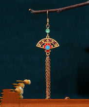 Load image into Gallery viewer, Skinny Gold Copper Overgild Fan Shaped Chalcedony Tassel Drop Earrings