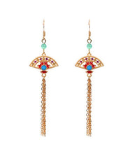 Load image into Gallery viewer, Skinny Gold Copper Overgild Fan Shaped Chalcedony Tassel Drop Earrings