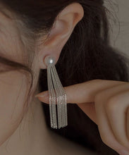 Load image into Gallery viewer, Skinny Silk Sterling Silver Pearl Tassel Drop Earrings