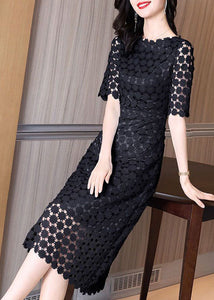 Slim Fit Black Hollow Out Embroidered Lace Dresses Half Sleeve