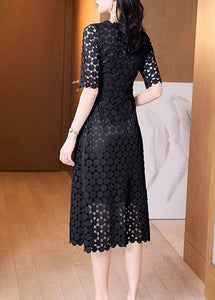 Slim Fit Black Hollow Out Embroidered Lace Dresses Half Sleeve