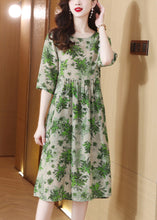 Load image into Gallery viewer, Slim Fit Green O-Neck Print Wrinkled Silk Maxi Dress Half Sleeve