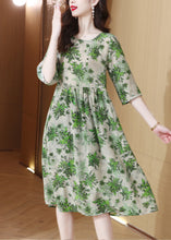 Load image into Gallery viewer, Slim Fit Green O-Neck Print Wrinkled Silk Maxi Dress Half Sleeve