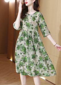 Slim Fit Green O-Neck Print Wrinkled Silk Maxi Dress Half Sleeve