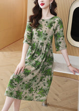 Load image into Gallery viewer, Slim Fit Green O-Neck Print Wrinkled Silk Maxi Dress Half Sleeve