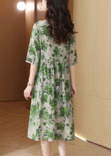 Load image into Gallery viewer, Slim Fit Green O-Neck Print Wrinkled Silk Maxi Dress Half Sleeve