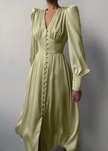 Load image into Gallery viewer, Slim Fit Green V Neck Wrinkled Silk Maxi Dress Puff Sleeve