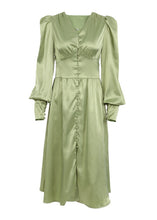 Load image into Gallery viewer, Slim Fit Green V Neck Wrinkled Silk Maxi Dress Puff Sleeve