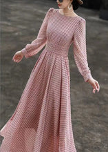 Load image into Gallery viewer, Slim Fit Pink Dot O Neck Chiffon Dresses Long Sleeve