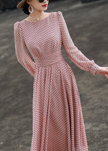 Load image into Gallery viewer, Slim Fit Pink Dot O Neck Chiffon Dresses Long Sleeve