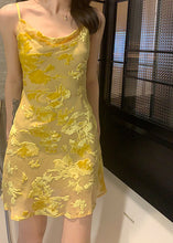 Load image into Gallery viewer, Slim Fit Yellow O Neck Solid Silk Spaghetti Strap Dress Sleeveless