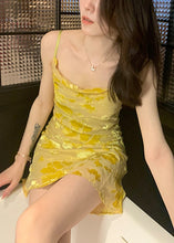 Load image into Gallery viewer, Slim Fit Yellow O Neck Solid Silk Spaghetti Strap Dress Sleeveless