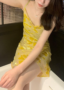 Slim Fit Yellow O Neck Solid Silk Spaghetti Strap Dress Sleeveless