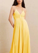 Load image into Gallery viewer, Slim Fit Yellow V Neck Wrinkled Cotton Spaghetti Strap Dress Sleeveless