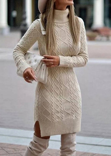 Slim Fitting Apricot High Neck Knit Sweaters Dress Fall