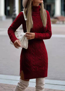 Slim Fitting Apricot High Neck Knit Sweaters Dress Fall