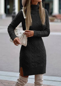 Slim Fitting Apricot High Neck Knit Sweaters Dress Fall