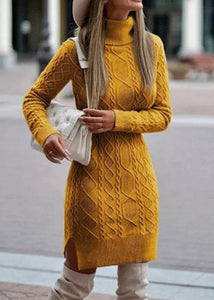 Slim Fitting Apricot High Neck Knit Sweaters Dress Fall