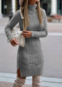 Slim Fitting Apricot High Neck Knit Sweaters Dress Fall