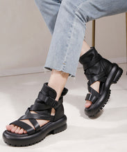 Load image into Gallery viewer, Soft Black Chunky Cowhide Leather Cross Strap Sandals