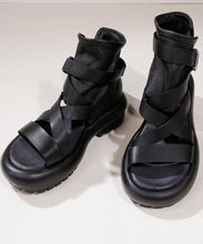 Load image into Gallery viewer, Soft Black Chunky Cowhide Leather Cross Strap Sandals