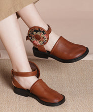 Load image into Gallery viewer, Soft Brown Cowhide Flower Splicing Leather Sandals