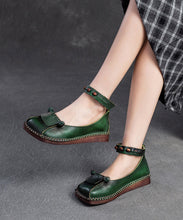 Load image into Gallery viewer, Soft Green Cowhide Leather Splicing Buckle Strap Flats Shoes