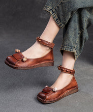 Load image into Gallery viewer, Soft Green Cowhide Leather Splicing Buckle Strap Flats Shoes