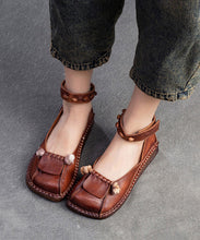 Load image into Gallery viewer, Soft Green Cowhide Leather Splicing Buckle Strap Flats Shoes