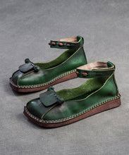 Load image into Gallery viewer, Soft Green Cowhide Leather Splicing Buckle Strap Flats Shoes