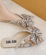 Load image into Gallery viewer, Soft Splicing Print Bow Nail Bead Orange Cotton Fabric Slide Sandals