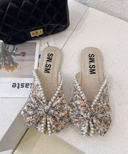 Load image into Gallery viewer, Soft Splicing Print Bow Nail Bead Orange Cotton Fabric Slide Sandals