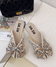 Load image into Gallery viewer, Soft Splicing Print Bow Nail Bead Orange Cotton Fabric Slide Sandals