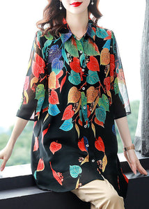 Style Black Button Print Patchwork Chiffon Shirt Tops Summer